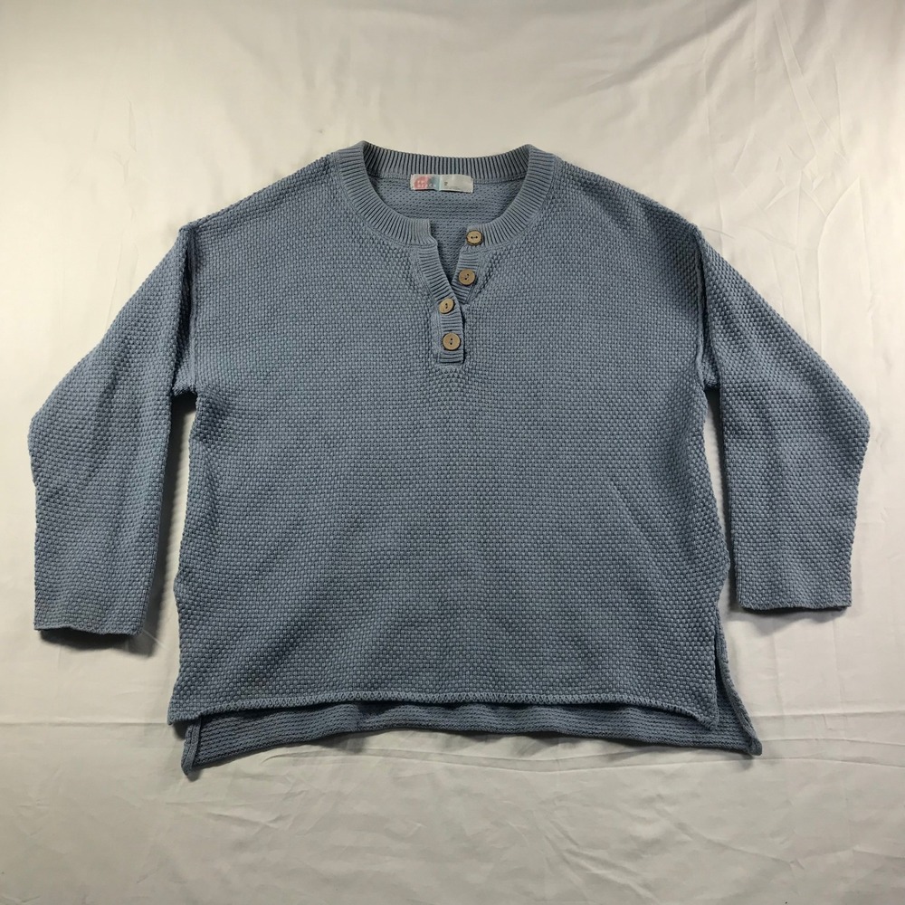 FP Beach Free People Blue Textured Cotton Henley Sweater XS Oversized OB66170